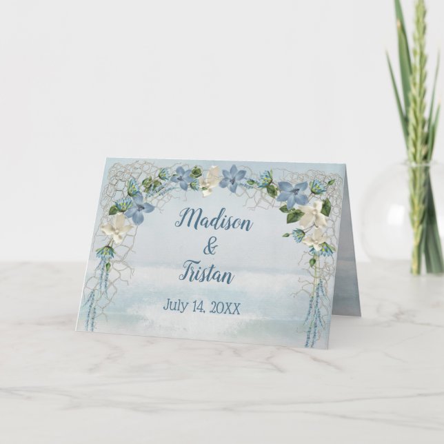 Tarjeta Arco de flores boda sobre acuarela oceánica (Anverso)