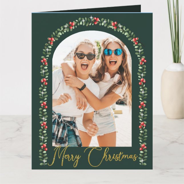 Tarjeta Arco de Verde Elegante Foto con Letra Navidad (Anverso)