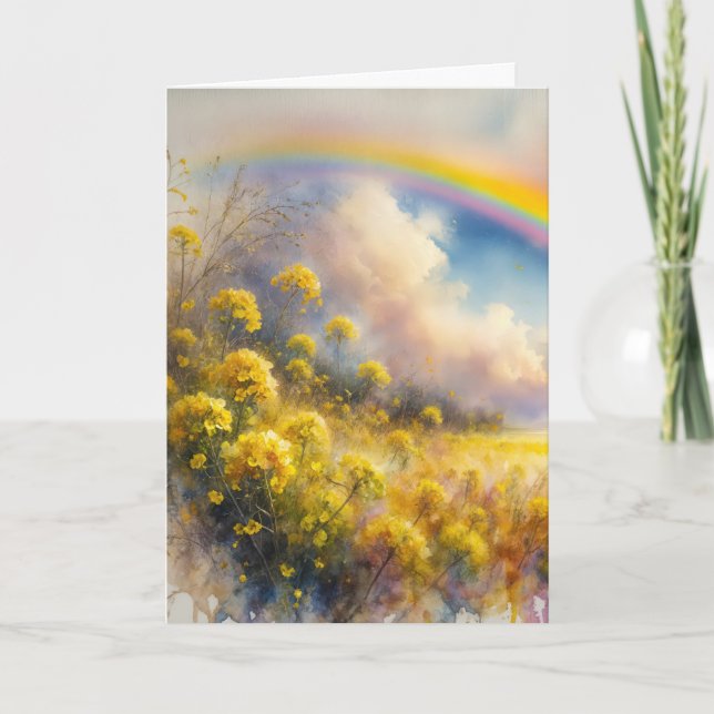 Tarjeta Arcoiris acuático sobre prado de flores silvestres (Anverso)