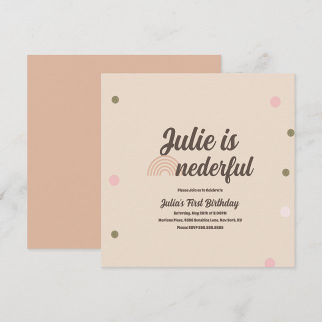 Tarjeta Arcoíris Boho Primer Cumpleaños Onederful Lunares (Anverso / Reverso)
