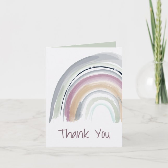 Tarjeta Arcoíris de acuarela en verde, rosa, coral Gracias (Anverso)