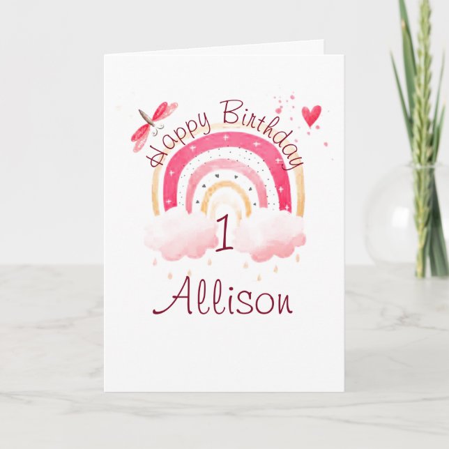 Tarjeta Arcoíris rosa personalizado año cumpleaños persona (Anverso)