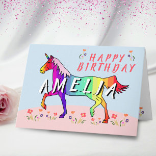 Tarjeta Arcoíris Unicornio Flor Niña Feliz Cumpleaños
