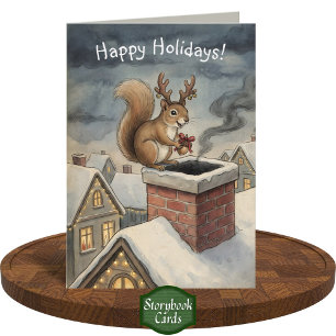 Tarjeta Ardilla Bonita Jugando al Papá Noel Dibujando Navi