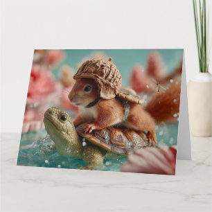 Tarjeta Ardilla caprichosa montando una tortuga