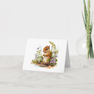 Tarjeta Ardilla con flores blancas y moradas en BLANCO