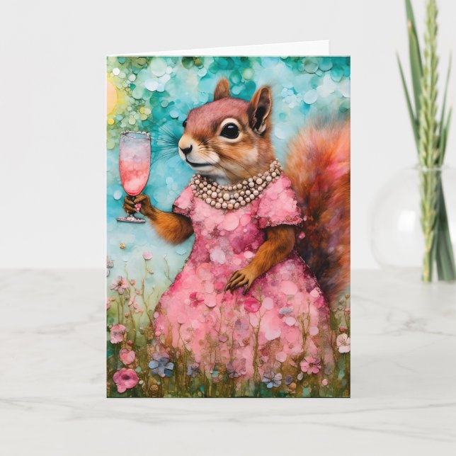 Tarjeta Ardilla con una vestimenta rosa y una bebida (Anverso)