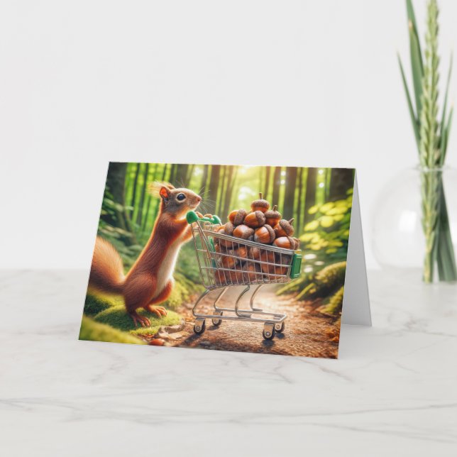 Tarjeta ardilla de cumpleaños con maíz en un carrito de co (Anverso)