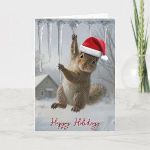 Tarjeta Ardilla de Navidad colgando de una carámbano