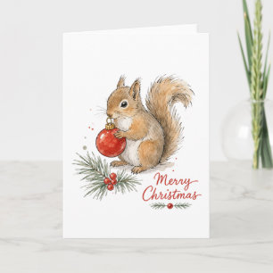 Tarjeta Ardilla de Navidad con adorno rojo
