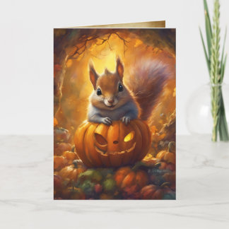 Tarjeta ardilla Jack-O-Lantern, feliz fiesta de Halloween