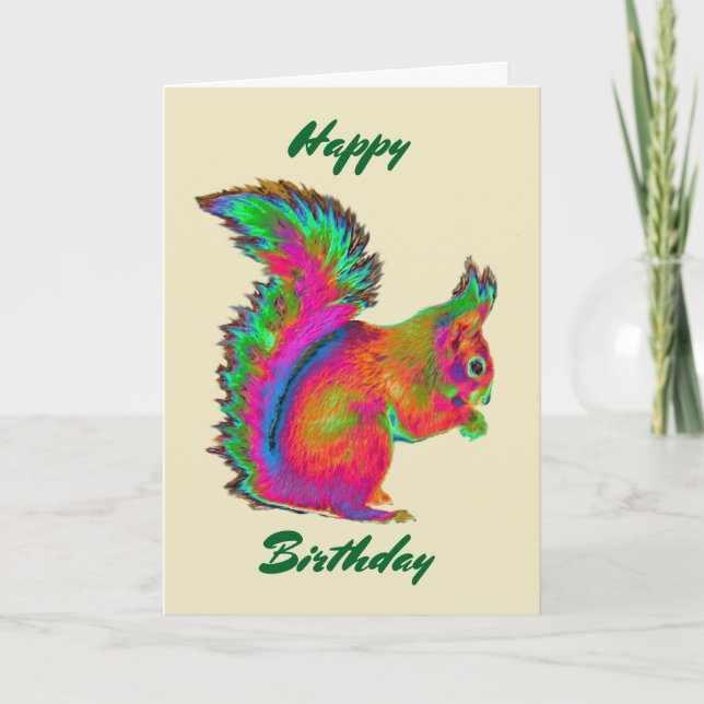Tarjeta Ardilla Roja Arcoiris. Cumpleaños. (Anverso)