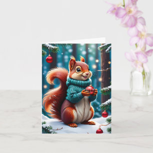 Tarjeta Ardilla roja curada en Navidades suaves y bolas en