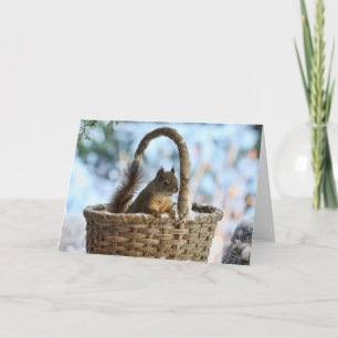 Tarjeta Ardilla tortuosa en una canasta de invierno