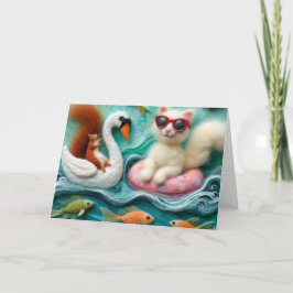 Tarjeta Ardilla y gato jugando en cisnes flotantes