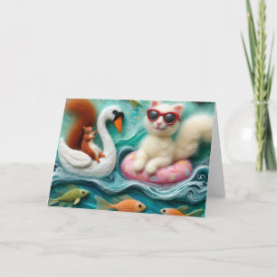 Tarjeta Ardilla y gato jugando en cisnes flotantes