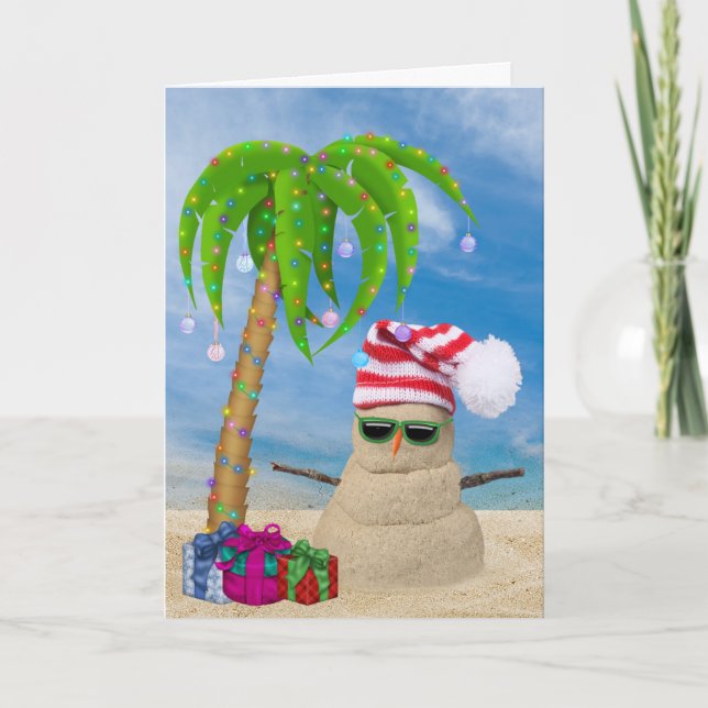 Tarjeta Arena tropical Snowman con palmera Navidad (Anverso)
