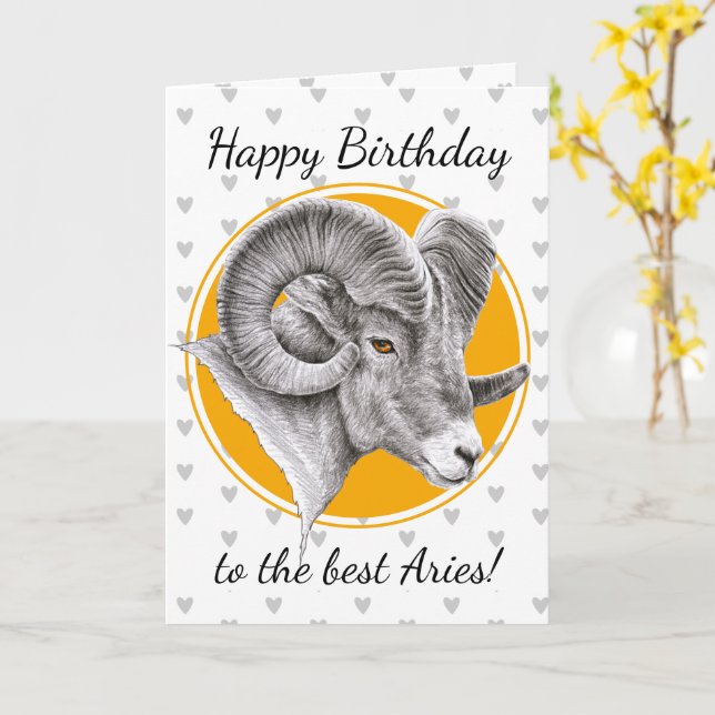 Tarjeta Aries Zodiac Signo Bighorn Ram Arte Animal Cumplea (flor amarilla)