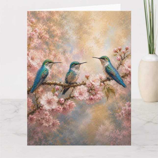 Tarjeta Armonía de primavera, colibríes entre flores de ce (Anverso)