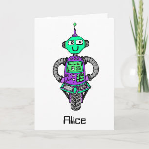 Tarjeta Arnie robot, morado y verde
