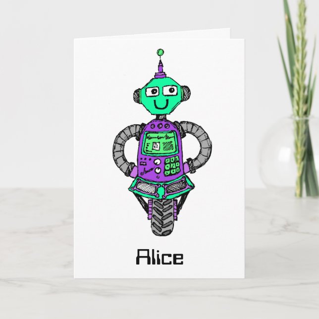 Tarjeta Arnie robot, morado y verde (Anverso)