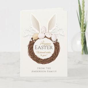 Tarjeta Aro de conejo feliz de Pascua boho nido marfil dor