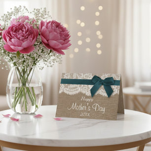 Tarjeta Arpillera, Encaje y Lazo Azul Turquesa Feliz Día d