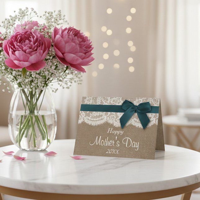 Tarjeta Arpillera, Encaje y Lazo Azul Turquesa Feliz Día d (Subido por el creador)