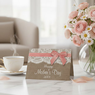Tarjeta Arpillera, Encaje y Lazo Rosa Feliz Día de la Madr