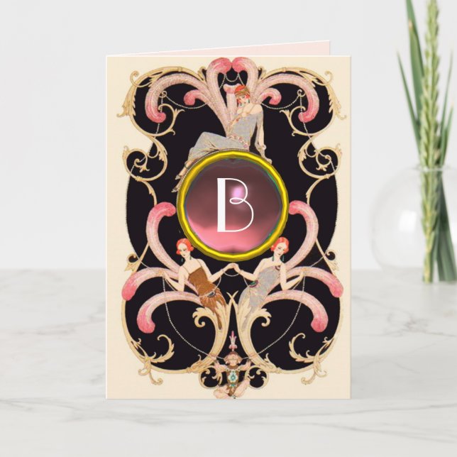 Tarjeta ART DECO BEAUTY FASHION PINK GEM MONOGRAM Cumpleañ (Anverso)