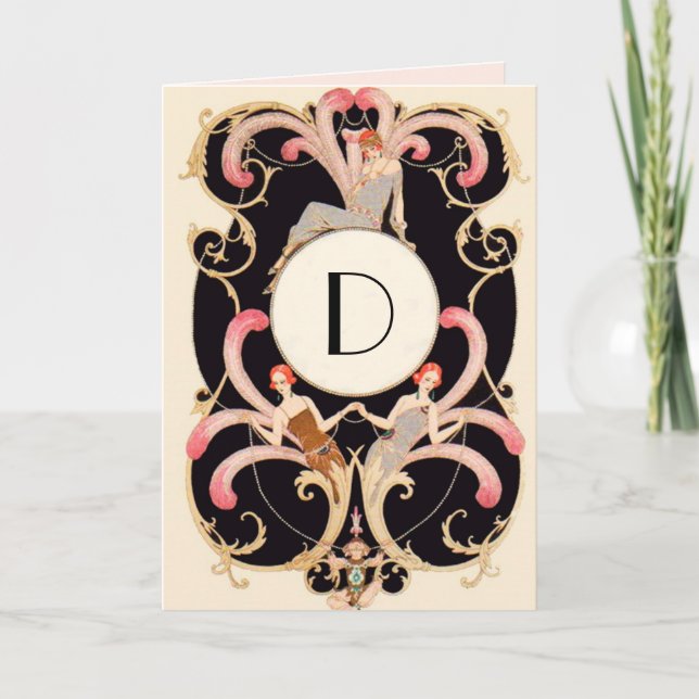 Tarjeta ART DECO BEAUTY FASHION RED GEM MONOGRAM Cumpleaño (Anverso)