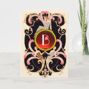 Tarjeta ART DECO BEAUTY FASHION RED GEM MONOGRAM Cumpleaño