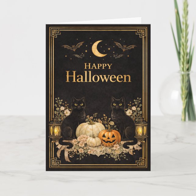 Tarjeta Art Deco Black Cats Luxury Halloween (Anverso)