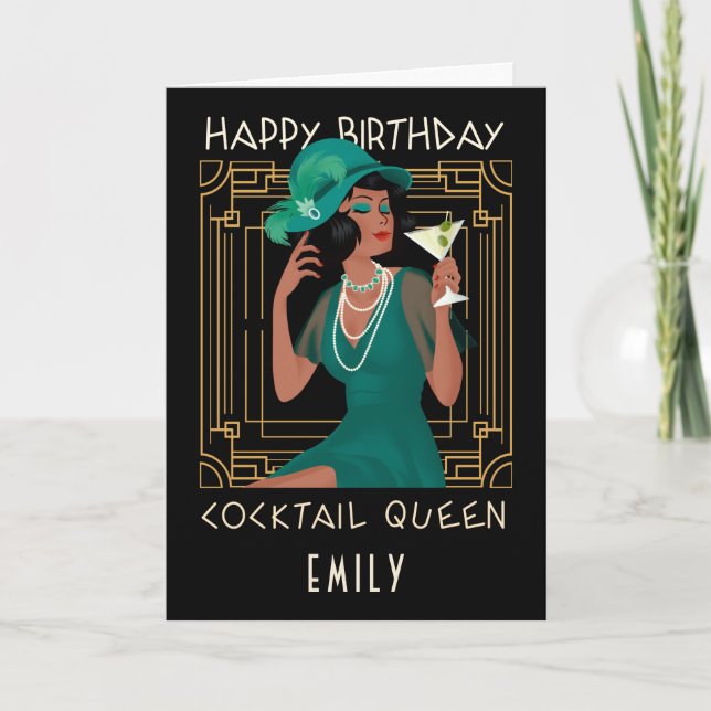 Tarjeta Art Deco Feliz cumpleaños Reina de cócteles negro (Anverso)