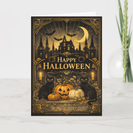 Tarjeta Art Deco Halloween Negro Oro