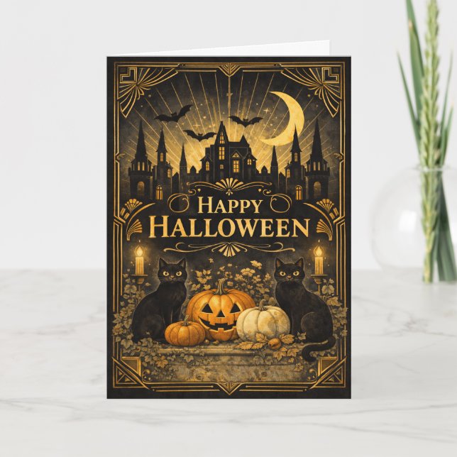 Tarjeta Art Deco Halloween Negro Oro (Anverso)