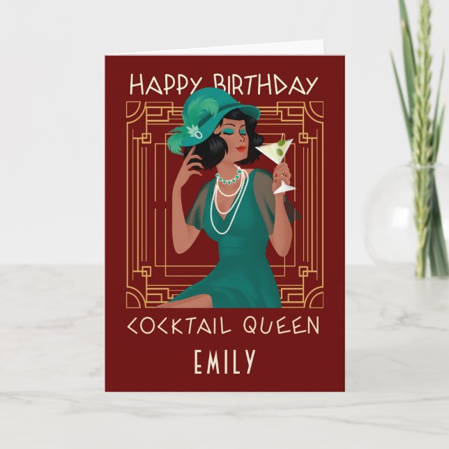 Tarjeta Art Deco Happy Birthday Cocktail Queen Burgundy (Anverso)