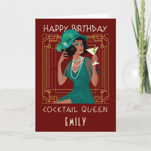 Tarjeta Art Deco Happy Birthday Cocktail Queen Burgundy
