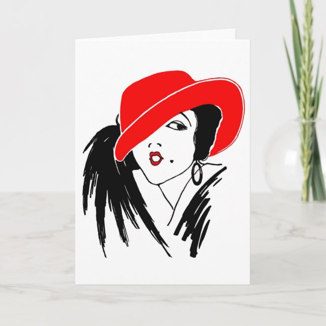Tarjeta Art Deco Hermosa Mujer Gorra Rojo (Anverso)