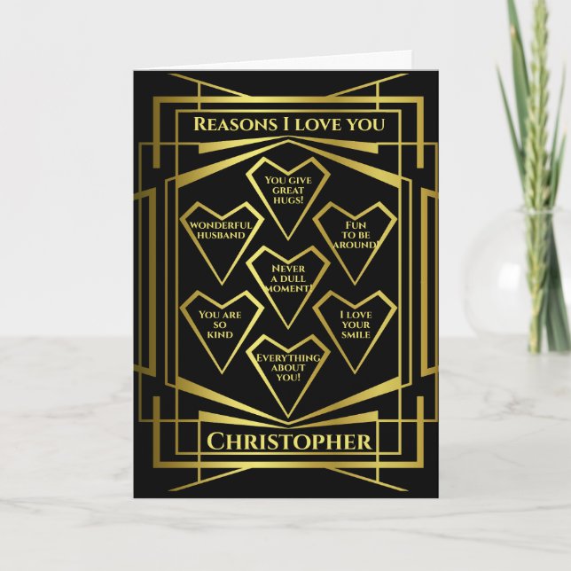 Tarjeta Art Deco Razones de cumpleaños por las que te amo (Anverso)