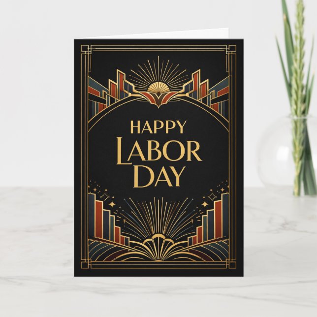 Tarjeta Art Deco Rising City Happy Labor Day (Anverso)
