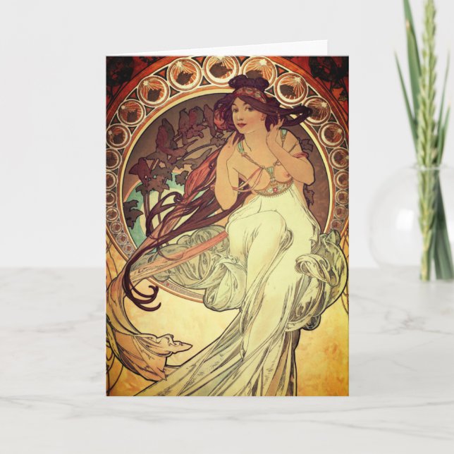 Tarjeta Art Nouveau Alphonse Mucha elegante mujer cosecha (Anverso)
