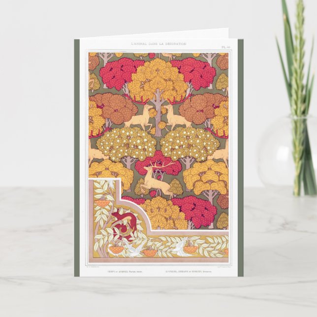 Tarjeta Art Nouveau árboles de otoño y venado Caída de la  (Anverso)