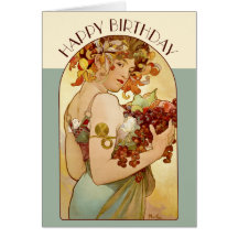 Tarjeta Art Nouveau de cumpleaños Mucha Fruit CC03