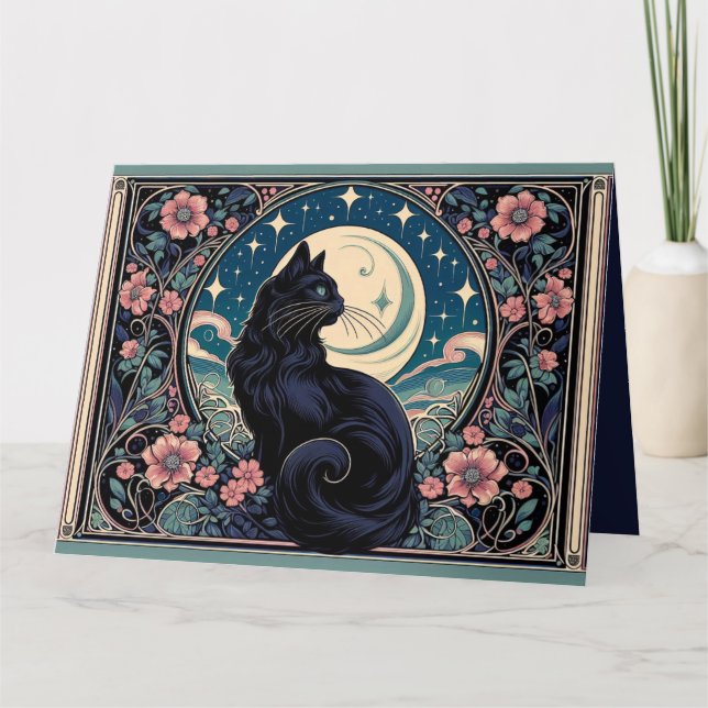 Tarjeta Art Nouveau de Gato Negro místico (Anverso)