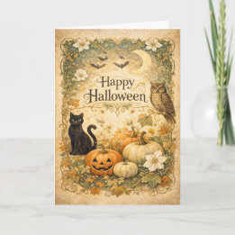 Tarjeta Art Nouveau Gato Negro Búho Halloween