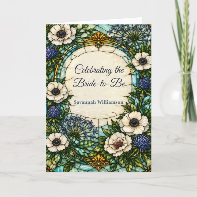 Tarjeta Art Nouveau Green Blue Stained Glass Bridal Shower (Anverso)
