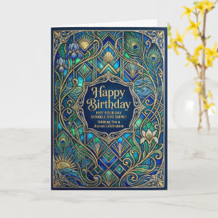 Tarjeta Art Nouveau Pavo Real Cumpleaños Feliz Adornado co