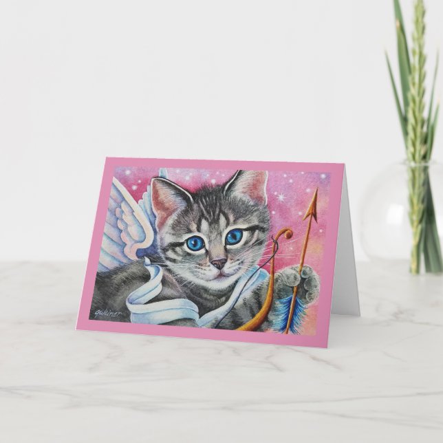 Tarjeta Arte Acuarela de Gato Atigrado Cupido Caprichoso (Anverso)