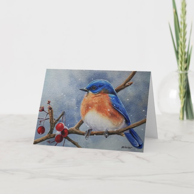 Tarjeta Arte acuarela de Winter Eastern Bluebird & Berries (Anverso)